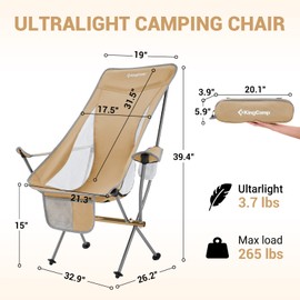KingCamp Compact Camping Chairs for Adults Ultralight High Back Folding Portable Lawn Light Weight Outdoor with Armrest, Side Pocket, Headrast, Carry Bag, Support 265 Lbs, 1 Pack, Khaki