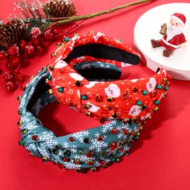 ANGLESJELL 2PCS Christmas Headband for Women Rhinestone Christmas Holiday Accessories Xmas Tree Snowflake Snowman Knotted Headband Jeweled Crystal Beads Wide Top Knot Headband Festive Gifts