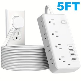 10/5FT Flat Extension Cord Flat Plug Surge Protector Power Strip, 8 AC Outlets, 4 USB Charger(1 USB C Port) 3-Sided Outlet Extender, 5Ft Extension Cord Charging Station,  Office Supplies, Dorm Room Essentials:_5FT