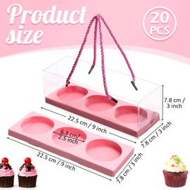 Thenshop 20 Set of Clear Cupcake Boxes 9" x 3" x 3" Portable Pastry Packaging with Rope Handle, Inserts & 3 Compartments Muffin Storage & Bakery Take out Containers for Food Storage(Pink)