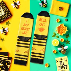 HAPPYPOP Funny Bee Socks Bumble Bee Gifts, Yellow Striped Socks for Teens Bee Keepers Gift Bee Accessories for Women Men