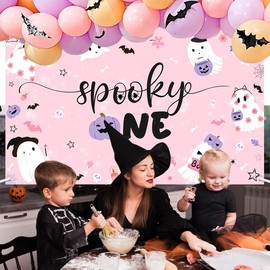 MEHOFOND Spooky One Backdrop Banner for Girl Halloween Pink Little Boo Birthday Party Decor Halloween 1st Cute Ghost Bday Photography Background Pumpkin Bat Booday Banner 70.8x43.3 Inch