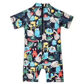 Cadocado Toddler Swimsuit One Piece Baby Boy Rashguard Bathing Suit Infant Boys Zipper Short Sleeve Swimwear, 9-12Months