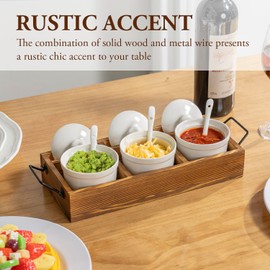 MyGift 10 Piece White Ceramic Condiment Pot Server Set Includes 3 Ramekin Sauce Dip Bowls with Spoons and Lids with Solid Burnt Wood Serving Tray and Black Metal Handles and Lid Holder Slots