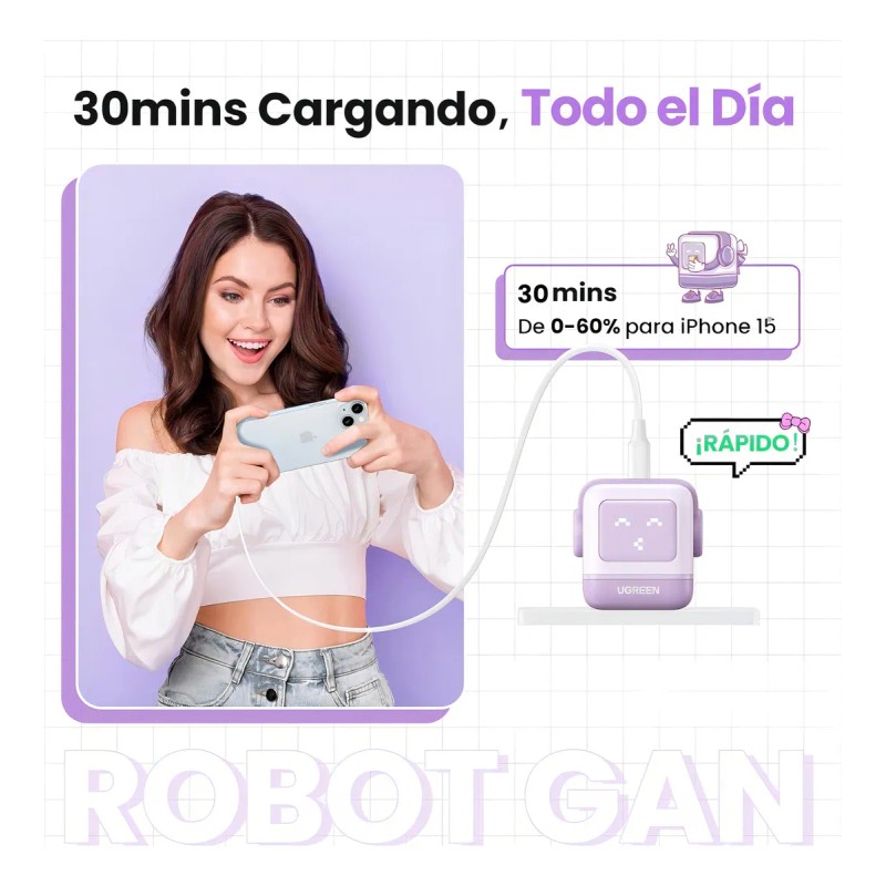 Cargador Ugreen Nexode Robot Gan Fast Charger 65w Purple Color