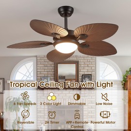 Wiviniya Tropical Ceiling Fans with Lights and Remote/APP Control, 44 Inch Palm Leaf Ceiling Fan with LED Lights, Outdoor Ceiling Fans for Patios Porch, Reversible Quiet Motor, Dimmable, Light Brown