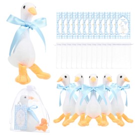 Soulchen 12 Sets One Silly Goose Party Favors Goose Plush Toys with Ribbon Funny 6.7'' Small Stuffed Animal with Thank You Cards and Bags Total 36 Pcs for Birthday Party Supplies Baby Shower(Blue)