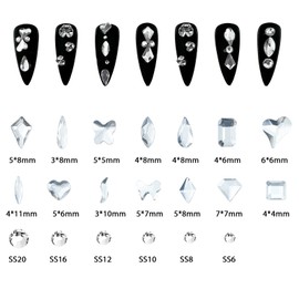 HINABTRU Clear Crystal Rhinestones for Nail Art-Silver Nail Gems Small Glass Diamonds Stone Flatback-Nail Crystals for Acrylic Nails-Nail Bling Charms Jewels with Wax Pen(Shaped+Round Gems)