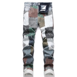 Enrica Men's Casual Fashion Color Printed Jeans Skinny Denim Pants (Patch 870, 32)