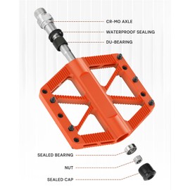 Bike Pedals, Mountain MTB BMX Pedals, 9/16" Bicycle Pedals, Lightweight Non-Slip Nylon Composite, Durable DU-Bearing & Bearing Platform Pedals (Orange)
