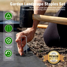 200PCS Garden Stakes Landscape Staples Set, 6 Inch Landscape Fabric Staples with Gasket, 11 Gauge Heavy Duty Galvanized Garden Ground Pins for Weed Barrier, Plant Covers, Irrigation Tubing