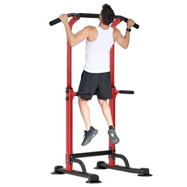 Dland Power Tower Pull Up Bar Dip Station and Height Adjustable Dip Bar Stand, Multi-Function Home Gym Exercise Equipment Strength Training Fitness Workout Station, Rot
