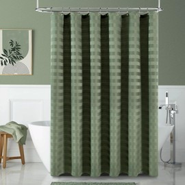 PANGSINNE Waterproof Fabric Shower Curtain Extra Long Stripes Woven Heavy Duty Bathroom Shower Curtain Set, 230GSM Weighted Thick Shower Curtain with 12 Rust-Resistant Hooks,72Wx84H Sage Green