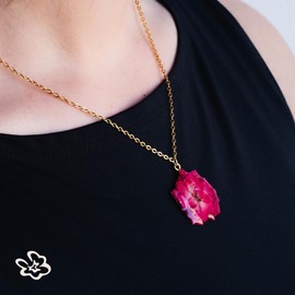 Handmade Real Dried Pressed Rose Flower Resin Necklace, Gold
