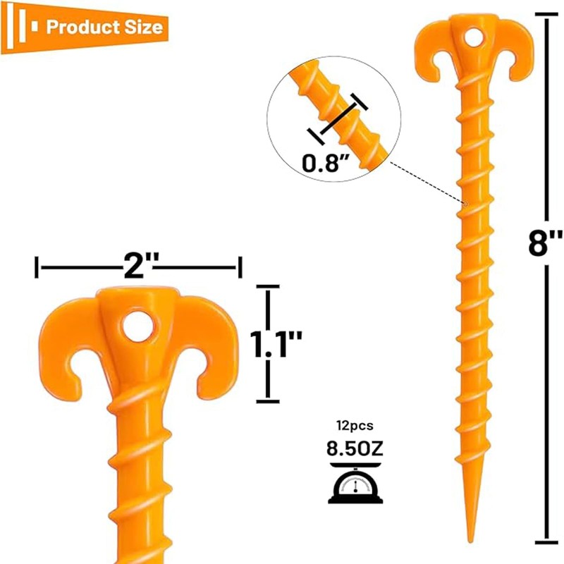 12 Pack 7.9 Inch Canopy Stakes Tent Pegs, Screw Spiral