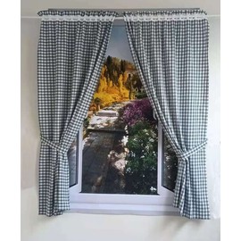 Yaland Curtains with Checked Pattern, Country House Style, Checked Size 1 x 1 cm, Living Room Curtain Scarves with Tiebacks (W x H 80 x 120 cm, Blue) Pack of 2