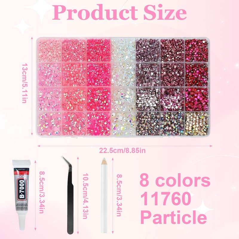 Pink Rhinestones Kit with B7000 Glue & Tools, Flatback Gems