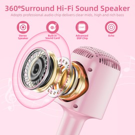 HPSWUW Wireless Bluetooth Karaoke Microphone, 5-in-1 Portable Wireless Karaoke Handheld Mic with Built-in Stereo Speaker/4 Voice-Changing Effect, Great Gifts for Kids, Girls, Boys and Adults, Pink
