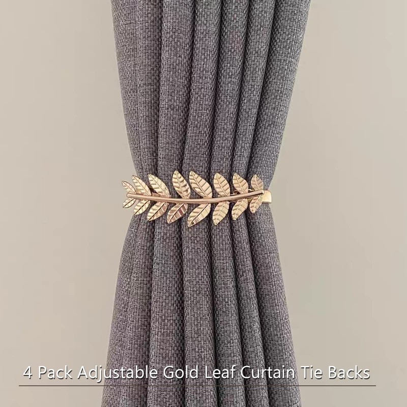 4 Pack Adjustable Gold Leaf Curtain Tie Backs, Elastic Alloy
