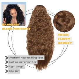 Hairro Drawstring Ponytail Extension Afro Curly Synthetic Long Corn Wavy Pony Tail Hairpieces For Women Heat Resistant Ponytails Extension With Combs 18 Inch #12 Light Brown