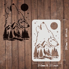 FINGERINSPIRE Wolf Stencils Decoration Template 11.7x8.3inch Plastic Forest Mountain Moon Drawing Painting Stencils A4 Reusable Stencils for Create DIY Wolf Crafts and Decor
