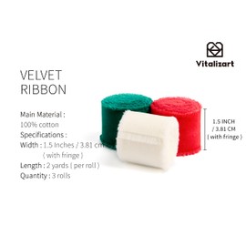 Vitalizart - Cinta de terciopelo de Navidad de 1-1/2 pulgadas, tela de flecos deshilachada hecha a mano para coronas de Navidad, adornos de manualidades, decoración de regalo, crema 3 rollos de cinta