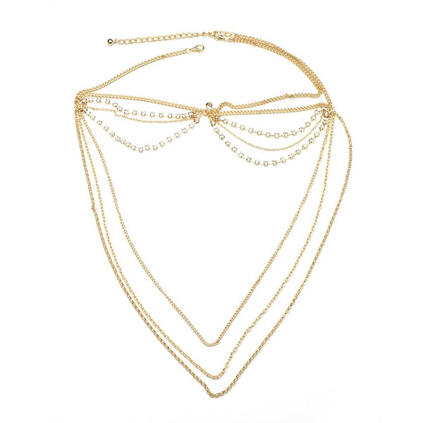 Women's Bohemian Fashion Head Chain Jewelry - 2 Draping Rhinestone Strand w/ 3 Cascade Neck-Length,Gold-Tone