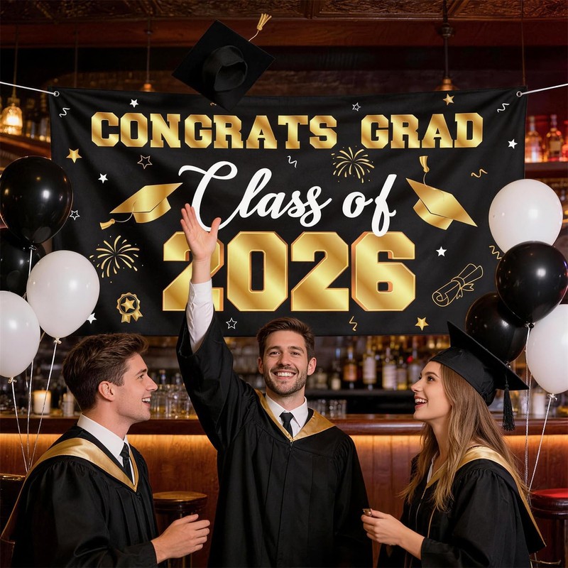 Graduation Decorations 2026 Black and Gold, Graduation Backdrop Banner 71