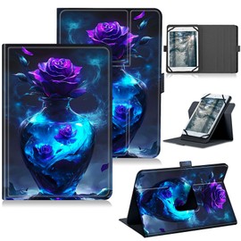 RWUTYTIUL for LG G Pad 5 10.1 Inch Universal Case 9"-10.5", 360 Degree Rotating Kickstand Protective Stand Case with Multiple Viewing PU Leather Shell Case for LG G Pad 5 2019, Purple Rose Vase