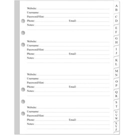 Password Book Refills for A5 Binder - A-Z Password Notebook Refill Paper with Alphabetical Tabs, 120gsm White Paper, 6-Hole Punehed, 5.8" x 8.3"