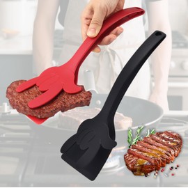 Egg Flipper Spatula 2 PCS 2 in 1 Grip and Flip Spatula Tongs Spatulas for Pancake Fish French Toast Omelet Making for Home Cooking Tool Kitchen use Eggflipper Spatulaflipper Eggturner (black and red)