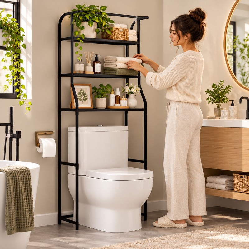 4-Tier Over Toilet Storage Rack with Basket – Freestanding Black