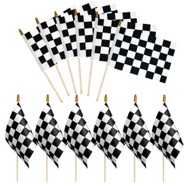 12 Pack 8×12 inch Checkered Flag, Black and White Racing Flag on Wood Stick - Hand Held Stick with Kid-Safe Spear Top, Children's Party Decoration