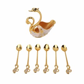 Swan Dinnerware Set Metal Tableware Cutlery Set Decorative Swan Base Holder with 6 Spoons for Stirring Mixing Coffee Desserts Gold White