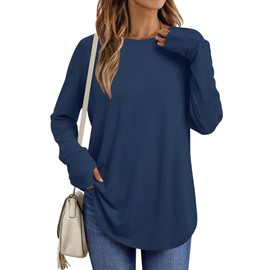 LOMON Warm Long Sleeve Shirts for Women Casual Fall Tops Long Tunic Tops to Wear with Leggings Navy Blue M