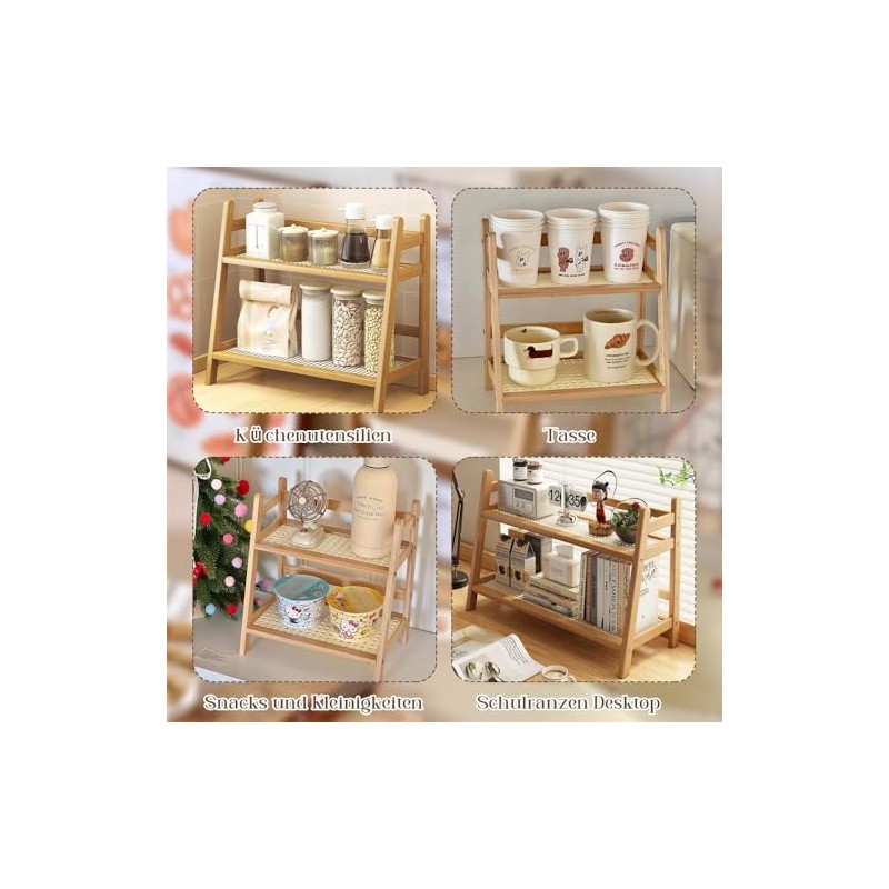 Kitchen Organiser 2 Tiers, Spice Rack, Standing, Bamboo Imitation Rattan