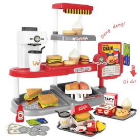 deAO Pretend Play Fast Food Set for Kids, 71PCS Fast Food Toys with Cash Register & Drink Dispenser, Play Kitchen Food Toy with Hamburger, Sandwich and Fries for 3+ Years Old Boys Girls (Red)