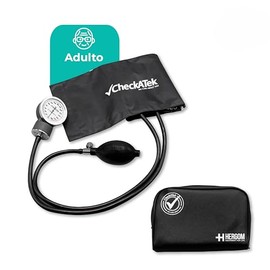 Checkatek Baumanómetro Aneroide Tradicional Negro, Estuche portátil de vinil, Esfignomanómetro, Resistente, Manómetro con carátula amplia, Fácil lectura, Manguera y perilla de látex, Brazal de nylon