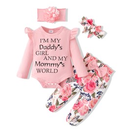 SUNNY PIGGY Baby Girl Clothes Newborn Outfit Infant Winter Fall Letter Print Flower Pants Set Long Sleeve Romper Baby Girl's Clothing with Headband 3-6 Months Pink 4PCS