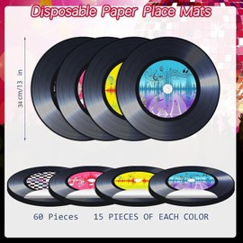 60 Pcs 1950's Rock Roll Record Placemat, Vintage Musical Theme Table Place Mats, 13.8' Paper Round Disposable Placemats for Retro Record Music Party Supplies 1950's Theme Birthday Anniversary