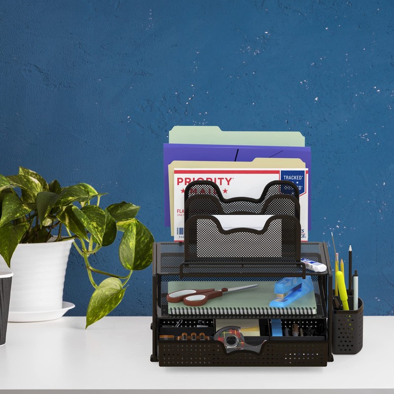 Simple Houseware Mesh Desk Organizer with Sliding Drawer, Double Tray