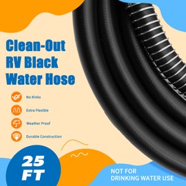 25FT RV Black Water Hose for Camper & RV, 5/8" Heavy Duty Sewer Flush Hose with No-Kink Design, Flexible Drain Cleaning Hose for Black Water, Gray Water & RV Tank Cleaning Accessories