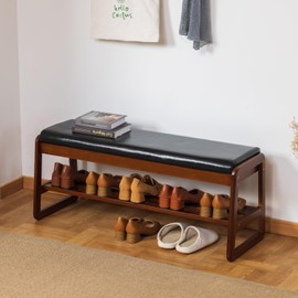 SOBIBO Solid Wood Shoe Bench, 2-Tier Entryway Bench with Cushion and Flip-Open Storage Box, Mid-Century Modern Shoe Bench Rack for Hallway, Mudroom(Black, 39.4'')