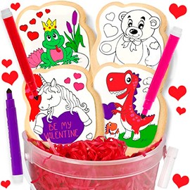 Valentine's Day Cookie Gift Decorating Kit Activity Heart For Kids | 4 Jumbo Coloring Cookies + 3 Edible Ink Markers | Coloring Arts and Crafts