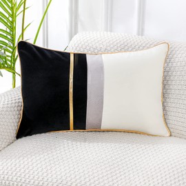 PANOD Patchwork Black Silk-Like Velvet Throw Pillow Cover with Gold Striped Leather Cushion Case Modern Luxury Lumbar Pillowcase for Sofa Couch Bedroom Living Room Home,12x20 inch