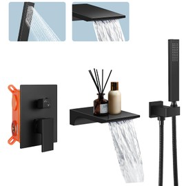 Wall Mount Bathtub Faucet Bath Tub Faucet Set Waterfall Tub Filler, Hot and Cold Water Brass Body with Handheld Shower Wall Mounted Rough Valve, Matte Black