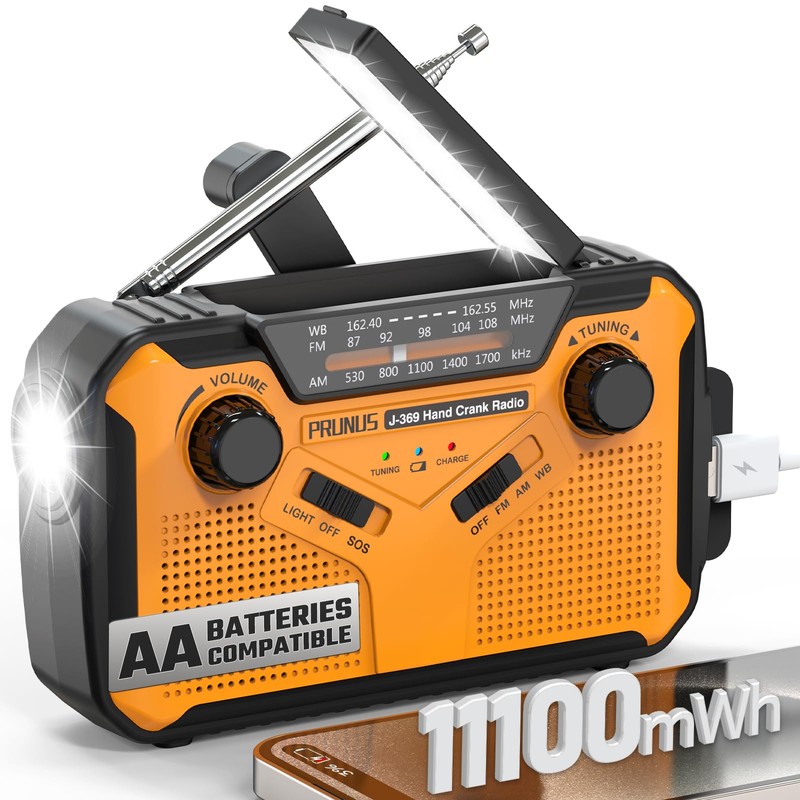 PRUNUS J-369 11100mWh Emergency Weather Radio, AA Batteries/Hand Crank/Solar/USB Charging,