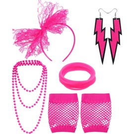 Disfraz de los 80's Mujers, 5 Conjunto de Accesorios para Disfraces Años 80 90, Temáticas con Diadema de Encaje, Collar, Aretes, Pulseras y Guantes de Malla Ideal para Fiesta Disco o Temática