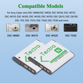 Tectra 2-Pack NP-BN1 Battery and Charger for Sony Cyber-Shot DSC-W530 DSC-W570 DSC-W800 DSC-W830 DSC-W650 DSC-WX220 DSC-QX10 DSC-QX30 DSC-QX100 DSC-TX10 DSC-TX20 DSC-TX30