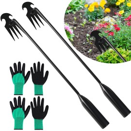 YOOIPI 2 Pcs Weed Puller Tool with 2 Pairs of Garden Work Gloves, 4 Teeth Gardening Hand Weeder Tools, Stainless Steel Weeding Artifact Uprooting Remover Tool for Garden Backyard Farm (13in)